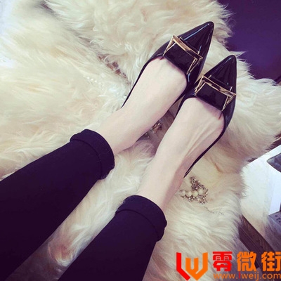 欧洲站新款金属扣女鞋蝴蝶结平底单鞋 尖头浅口平跟船鞋女鞋