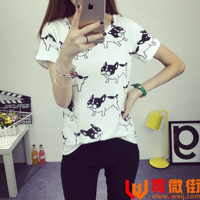 夏季新款可爱汪星人印花短袖休闲T恤女