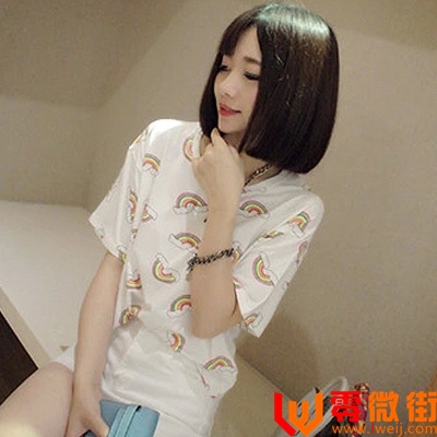 新款韩版彩虹印花宽松短袖休闲学生T恤女