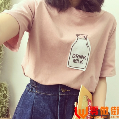 夏季新款（180克双磨牛奶丝）年奶瓶短袖可爱简约宽松文艺半袖t恤