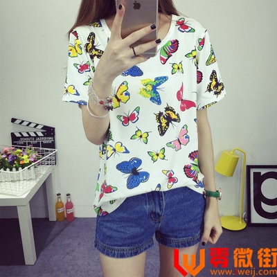 夏季新款圆领蝴蝶印花修身短袖T恤女