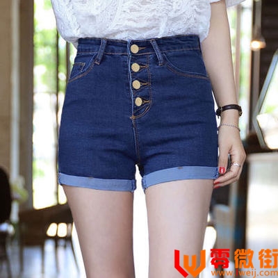 韩国排扣高腰牛仔短裤女夏mm大码显瘦休闲弹力修身卷边热裤子