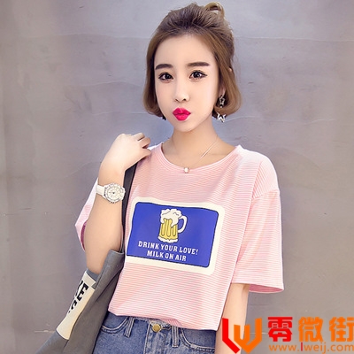 水杯子春夏季新款韩版字母短袖T恤条纹时尚宽松百搭女装显瘦圆领