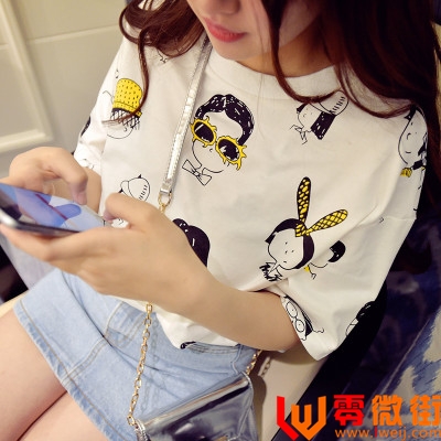 2016夏季新款港风搞怪卡通棉打底衫学生休闲短袖T恤女